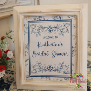 VINTAGE BLUE BRIDAL SHOWER PERSONALIZED WELCOME SIGN 8X10"- DIY  PRINTABLE