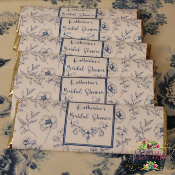 VINTAGE BLUE BRIDAL SHOWER PERSOALIZED LARGE CANDY BAR WRAPPERS - DIY  PRINTABLE