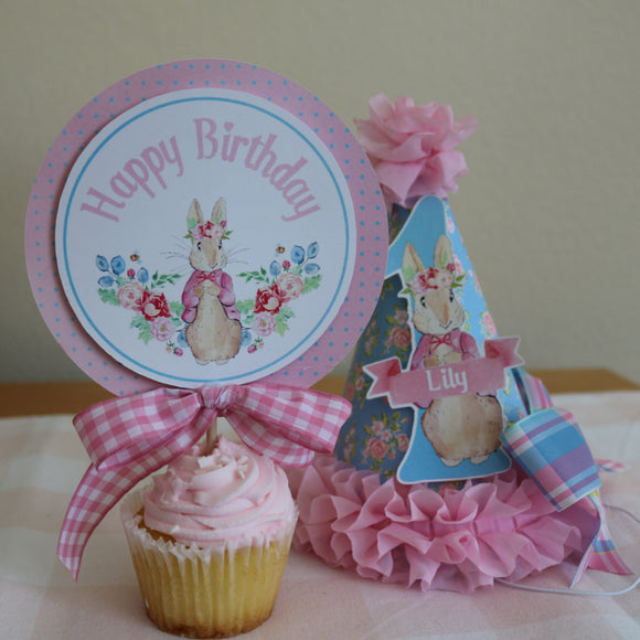 SOME BUNNY IS ONE 1st BIRTHDAY PERSONALIZED PARTY HAT with CAKE TOPPER -