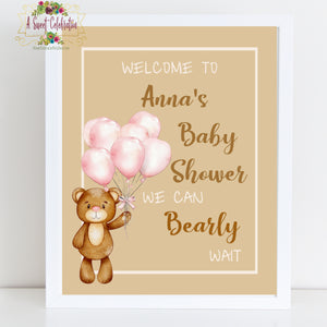 BEARLY WAIT PINK BABY SHOWER PERSONALIZED WELCOME SIGN DIY PRINTABLE