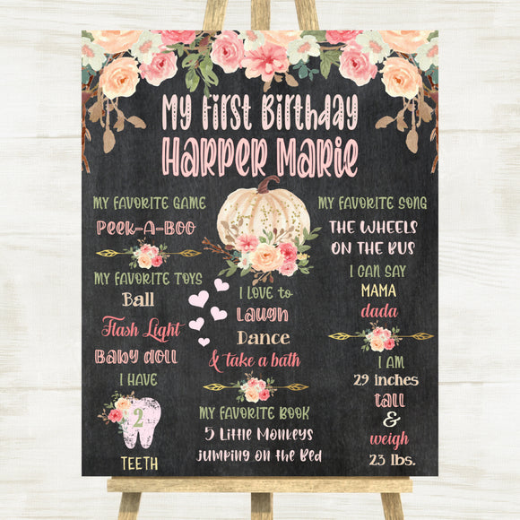 Floral Little Pumpkin 1st Birthday PDF Personalized Printable 1st Year Milestone Chalkboard