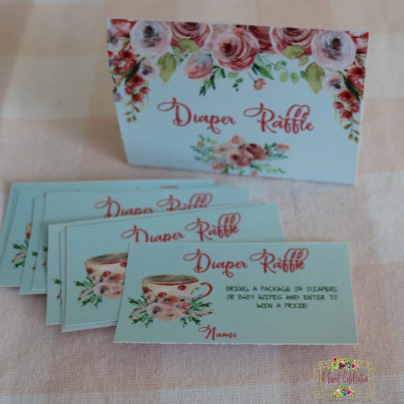 BABY SHOWER SHABBY CHIC TEA PARTY DIAPER RAFFLE CARDS- DIY INSTANT DOWNLOAD