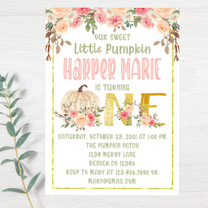 Floral Little Pumpkin 1st Birthday Invitation with matching Thank You