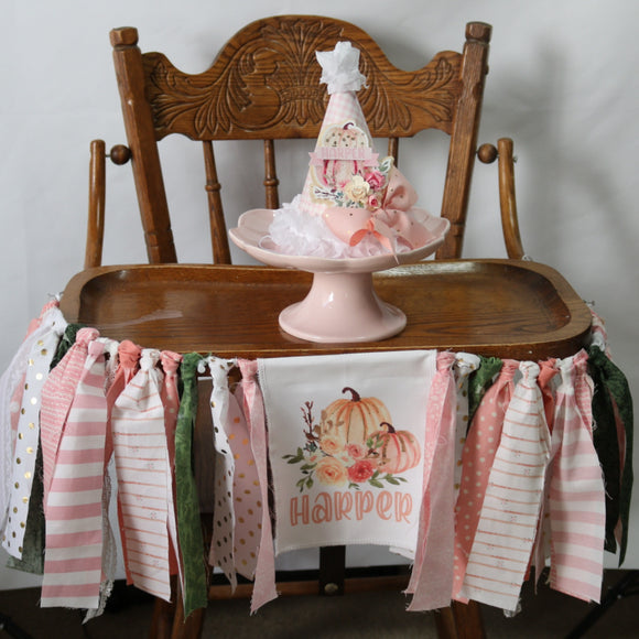 Floral Little Pumpkin 1st Birthday Personalized Rag High Chair Banner with Party Hat