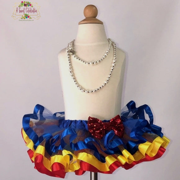 Tutu Baby - Girls Skirt - Royal Blue, Yellow and Red Tulle Skirt with Satin Ribbon Trim