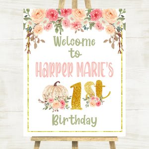 Floral Little Pumpkin 1st Birthday PDF Personalized Printable 16"x 20" Welcome Sign