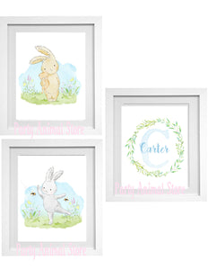 WOODLAND BUNNIES - BLUE- PERSONALIZED PRINTS - SET OF 3 PRINTS - JPG ONLY