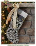 Farmhouse Christmas Stocking Black and Gold Personalized - Damask with Plaid Cuff