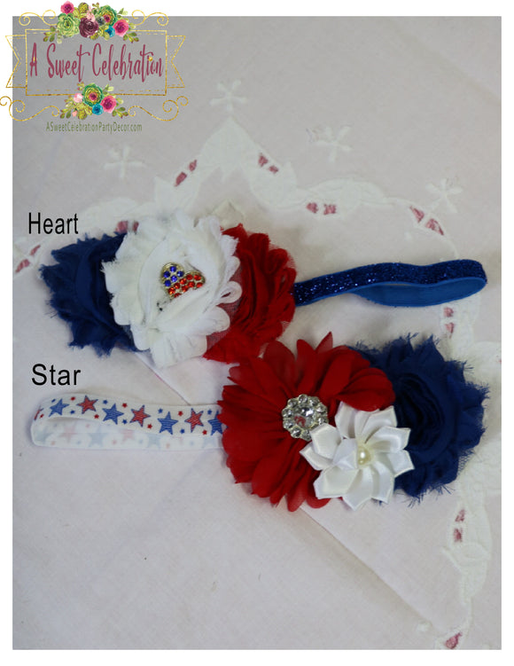 4th Of July Red, White and Blue Shabby Flower Infant Elastic Headband