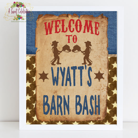 Little Cowpoke - Cowboy Happy 1st Birthday Personalized Welcome Barn Bash Sign Printable - 8x10
