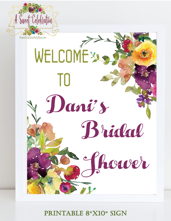 Bridal Shower Purple - Burgundy Fall Floral with Gold - Personalized Welcome Sign 8