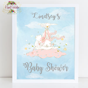 Stork Baby Shower with Cute Bunny Personalized Printable Welcome Sign 8"x10"
