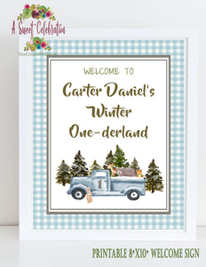 Woodland Winter ONEderland Blue Truck - Printable Welcome Sign - JPG/PDF ONLY