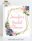 Bridal Shower Navy - Blush - Gold Floral - Personalized Welcome Sign 8"x10" Printable