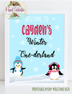 Cute Penguins Winter ONEderland Red - Printable Welcome Sign