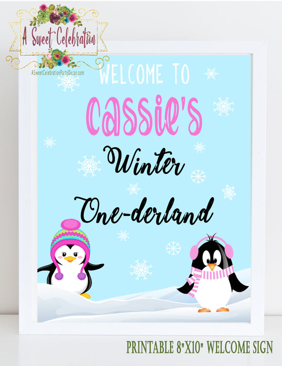 Cute Penguins Winter ONEderland Pink - Printable  Welcome Sign - 8