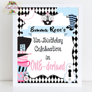 Alice's in ONE-derland Tea Party Birthday Personalized 8x10" Welcome Sign Pink - JPG Printable