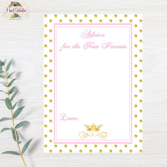 Royal Princess Pink and Gold Baby Shower - Advice For the New Parents Cards