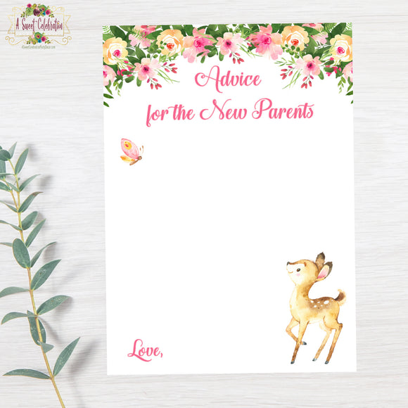 Woodland Floral Deer Baby Shower Advice for the New Parents Cards - Instant Download
