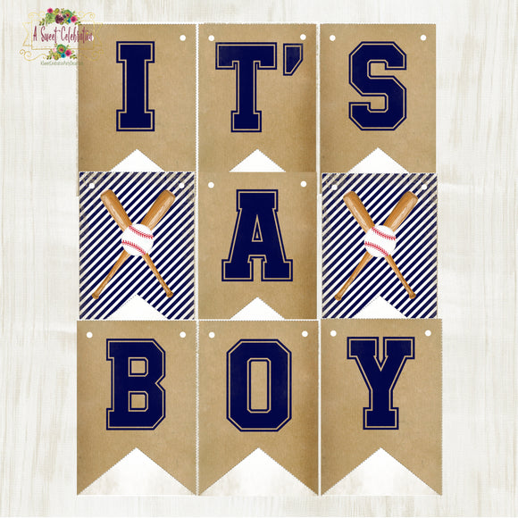 Vintage Baseball Baby Shower PDF Printable It's A Boy Banner - Instant Download