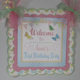 Pastel Pink Butterfly 1st Birthday Personalized Welcome Door Banner