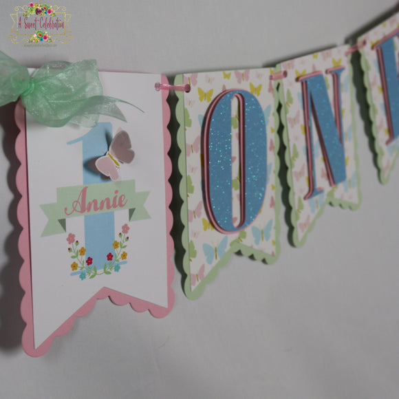 Pink Pastel Butterfly 1st Birthday High Chair One BAnner