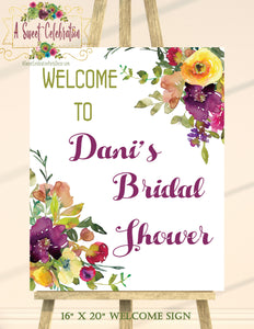 Bridal Shower Purple - Burgundy Fall Floral with Gold - Personalized Welcome Sign 16"x20" Printable