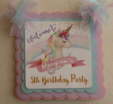 Magical Unicorn and Rainbow Pastel Birthday Welcome Door Banner