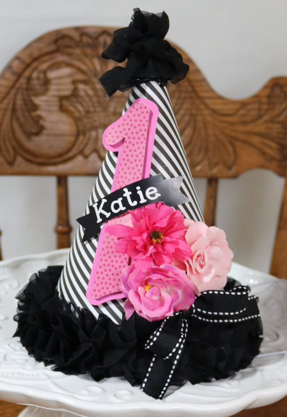 KATE FLORAL - PINK AND BLACK - BIRTHDAY PARTY HAT