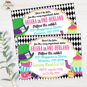 Alice's in ONE-derland Tea Party - Printable PDF Personalized Birthday Invitation with Matching Thank You