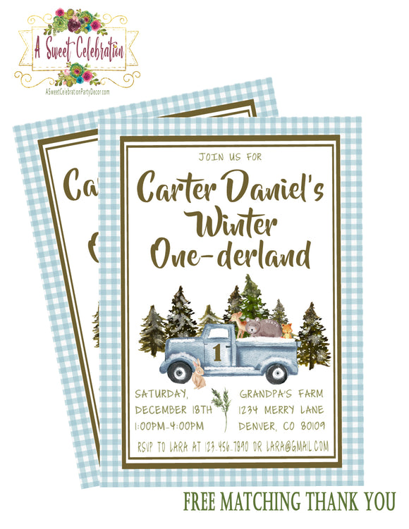 Woodland Winter ONEderland Blue Truck - Printable Birthday Invitation - with Matching Thank You