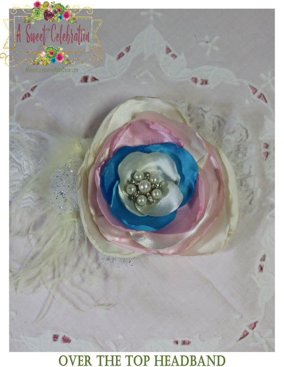 Over the Top Feather and Ribbon Headband with Pearl Accents Pink Pastel