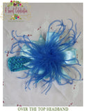 Over the Top Headband Adorned with Feathers and Ribbons in Blue Polka Dot