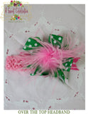 Over the Top Headband Adorned with Feathers and Ribbons in Blue Polka Dot