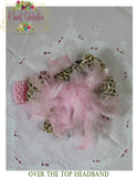 Over the Top Headband Adorned with Feathers and Ribbons in Pink and Green