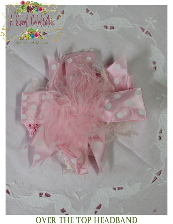 Over the Top Headband Adorned with Feathers and Ribbons in Pink Polka Dot