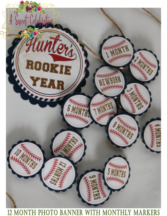 Vintage Baseball Birthday Personalized 1st Year Photo Banner with Monthly Markers