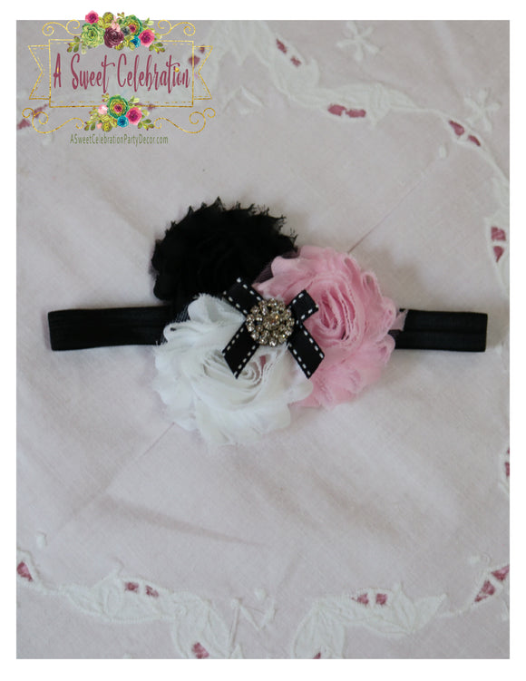 Shabby Flower Paris Headband Pink and Black