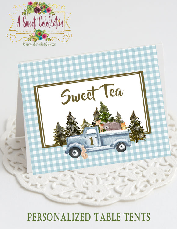 Woodland Winter ONEderland Blue Truck - 6 Personalized Table Tents