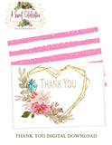 Bridal Shower Pink and Gold Floral Invitation with Matching Thank You - Digital Download