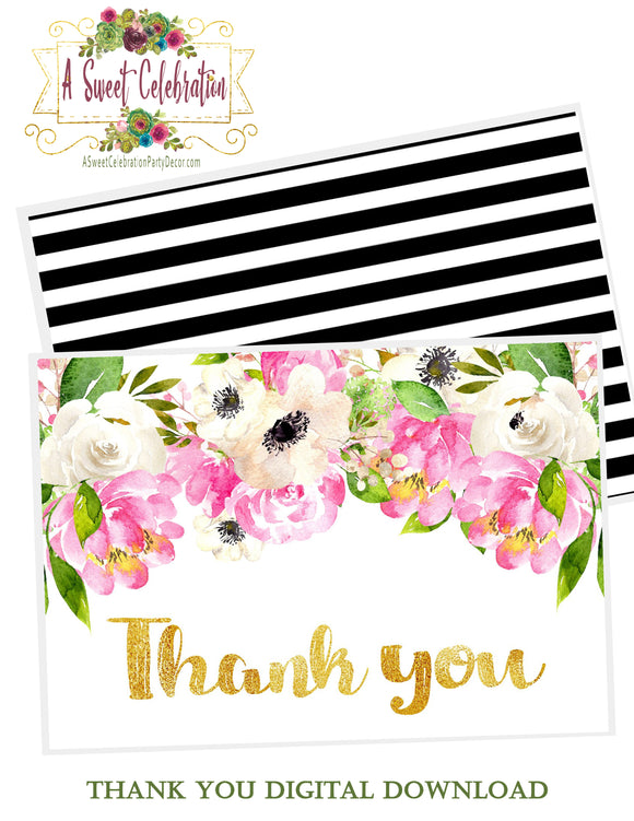 Pink Floral Bridal Shower Tea Party Thank You - Instant Download