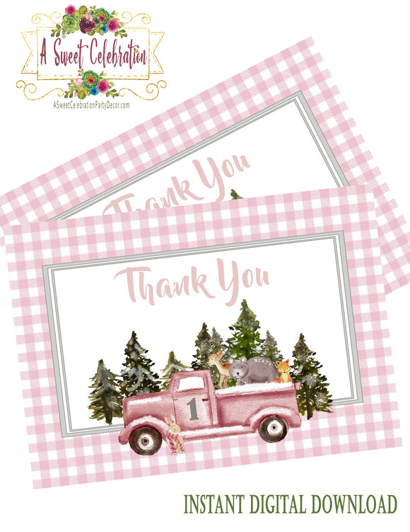 Woodland Winter ONEderland Pink - Printable Birthday Thank You - INSTANT DIGITAL DOWNLOAD