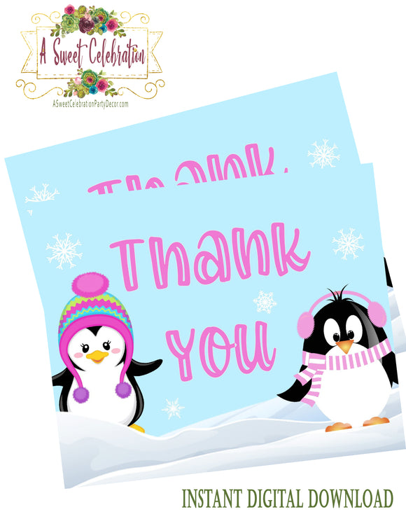 Cute Penguins Winter ONEderland Pink - Printable Thank You - INSTANT DIGITAL DOWNLOAD