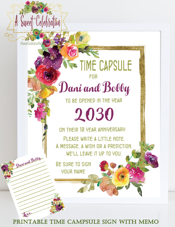 Bridal Shower Purple - Burgundy - Gold Fall Floral - Personalized Time Capsule