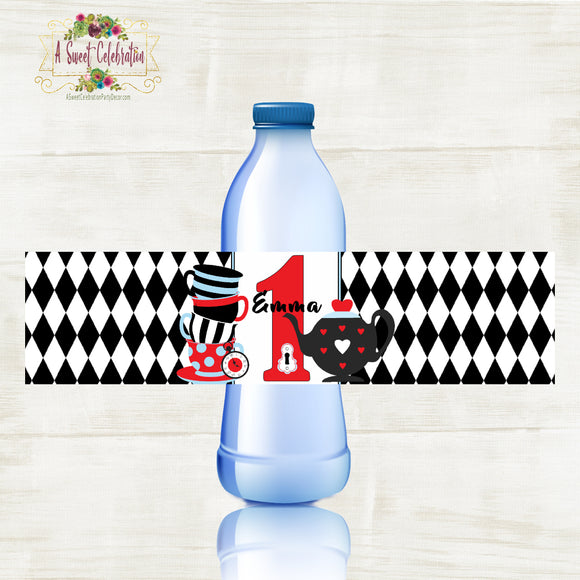 Alice in Wonderland Tea Party Birthday Red - Printable PDF Personalized Birthday Water Bottle Label