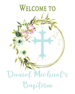 Aqua Blue Baptism, 1st Communion or Christening Welcome Sign in Soft Florals