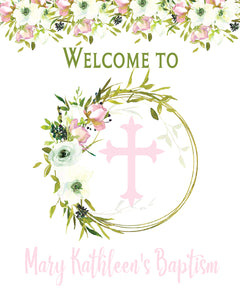 Pink Baptism, 1st Communion or Christening Welcome Sign in Soft Florals