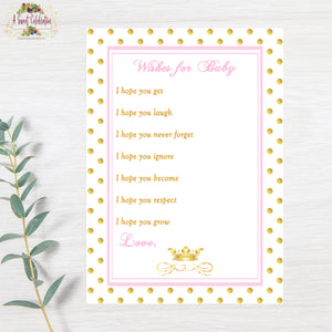 Royal Princess Pink and Gold Baby Shower Wishes for Baby - Instant Download