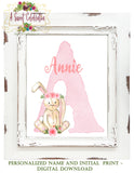 Floral Bunny Pink Personalized  Nursery Print - Name with Initial - Digital Download