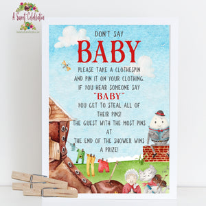 Mother Goose Nursery Rhymes Baby Shower PDF Printable Don't Say "BABY" Game - Instant Digital download